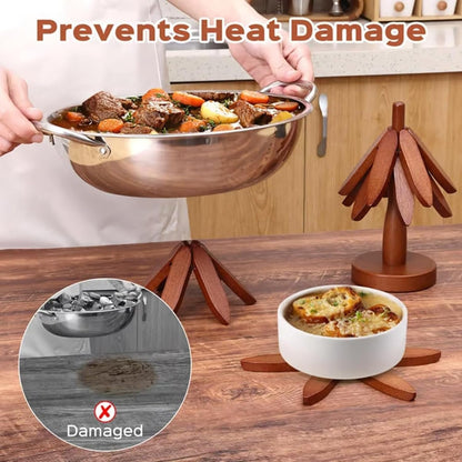 Wooden Tree Trivets,Trivets for Hot Dishes, Tree Coasters | Set of 5 with Stand, Foldable Kitchen Trivets 1 Stand like a Christmas Tree Trivets for Pots, Pans, Bowls & Teapots4