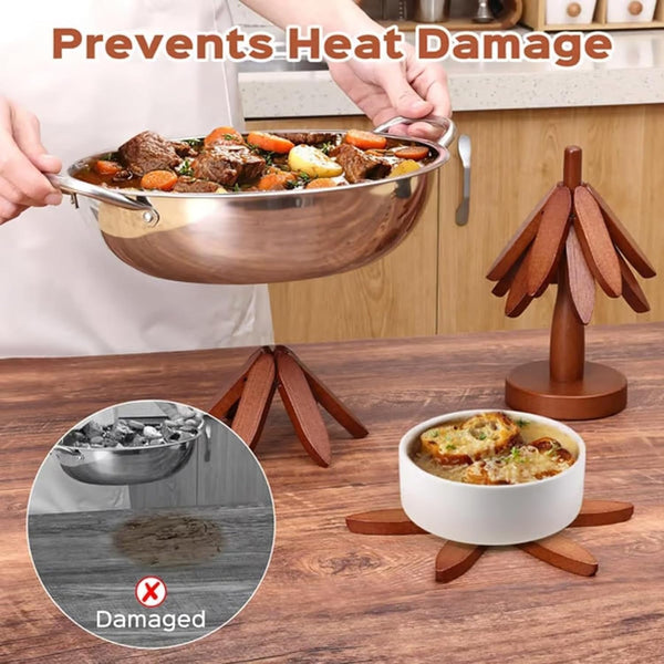 Wooden Tree Trivets,Trivets for Hot Dishes, Tree Coasters | Set of 5 with Stand, Foldable Kitchen Trivets 1 Stand like a Christmas Tree Trivets for Pots, Pans, Bowls & Teapots4