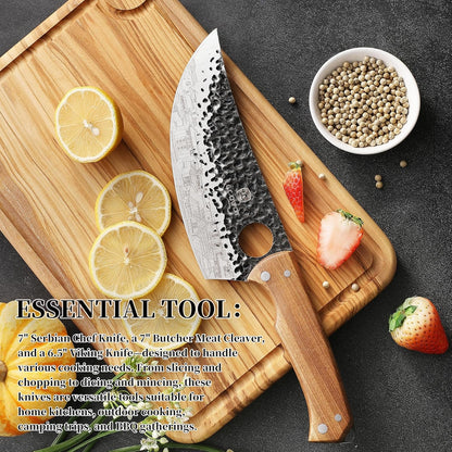 3PCS Butcher Knife Set, Includes 7" Butcher Meat Cleaver, 7" Serbian Chef and 6.5" Viking Knife, Stainless Steel Kitchen Knife Set with Wood Handle, Geat for Indoor&Outdoor (Stylish Pattern)8