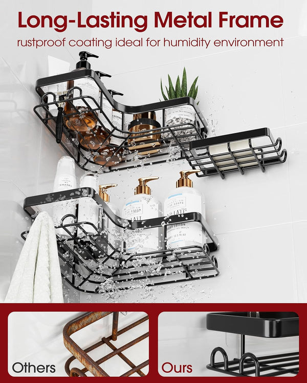 Corner Shower Caddy, Large, 3-Pack, Soap Holder & Hooks, Black4