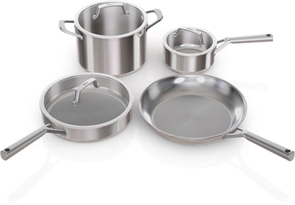 Ninja® Everclad 7-Pc Stainless Steel Cookware Set, Silver, C99007 | Tri-Ply: 18/10 Stainless, Pure Aluminum Core. No Warping, Hot Spots. All Stovetops & Induction Compatible. Oven Safe to 600°F1