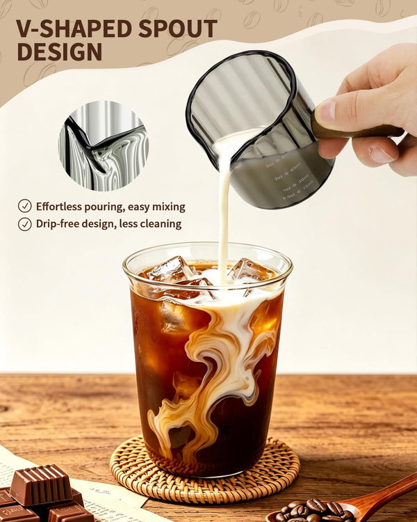 2 Pack Espresso Measuring Cups, 4Oz Borosilicate Glass Espresso Shot Glasses with Wood Handle, V-Shaped Spout Ribbed Milk Frothing Cup, Measuring Cup for Coffee, Latte, Cappuccino, Tea, Syrup5