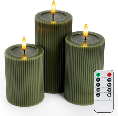 Ribbed Fluted Real Wax Flameless LED Pillar Candles, Loden Sage Olive Green, Melted-Wax Top Look, Flickering Flame, Battery Operated, Remote & Timer, Shelf & Wedding Decor (Set of 3)8