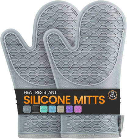 Silicone Oven Mitts, Heat Resistant 2PCS Oven Mitts with Soft Cotton Lining, Waterproof Non-Slip Grip Oven Glove, Kitchen Potholder Mits for BBQ, Baking, Cooking, 12.5 Inch - Grey1