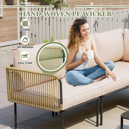 Patio Furniture Set, 5 Piece Outdoor Patio L-Shaped Conversation Set with Cushions and Table, All-Weather Rattan Woven Sectional Sofa for Backyard, Porch, Boho Detachable Lounger (Beige)5