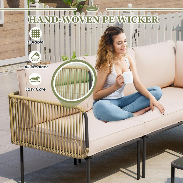 Patio Furniture Set, 5 Piece Outdoor Patio L-Shaped Conversation Set with Cushions and Table, All-Weather Rattan Woven Sectional Sofa for Backyard, Porch, Boho Detachable Lounger (Beige)5
