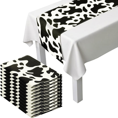 10 Pcs Linen Cow Print Table Runner Farm Black and White Cow Print Tablecloth Western Barnyard Cowboy Style Table Cloths for Home Kitchen Birthday Party Decorations ( 13 X 72 In)1