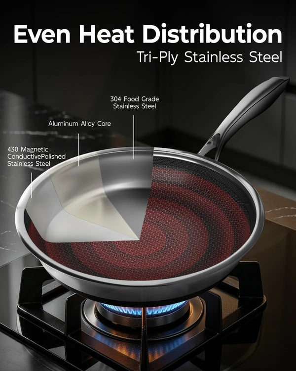 8, 10, 12 Inch Stainless Steel Frying Pan Set with Lid, Honeycomb Hybrid Nonstick Skillet for Induction & All Cooktops, PFAS/PFOA/PTFE Free, Oven Safe 500°F, Silver5