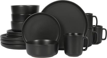 Zuma Stoneware Plates, Bowls, & Mugs Dinnerware Set - Matte Black, Service for Four (16Pcs)1