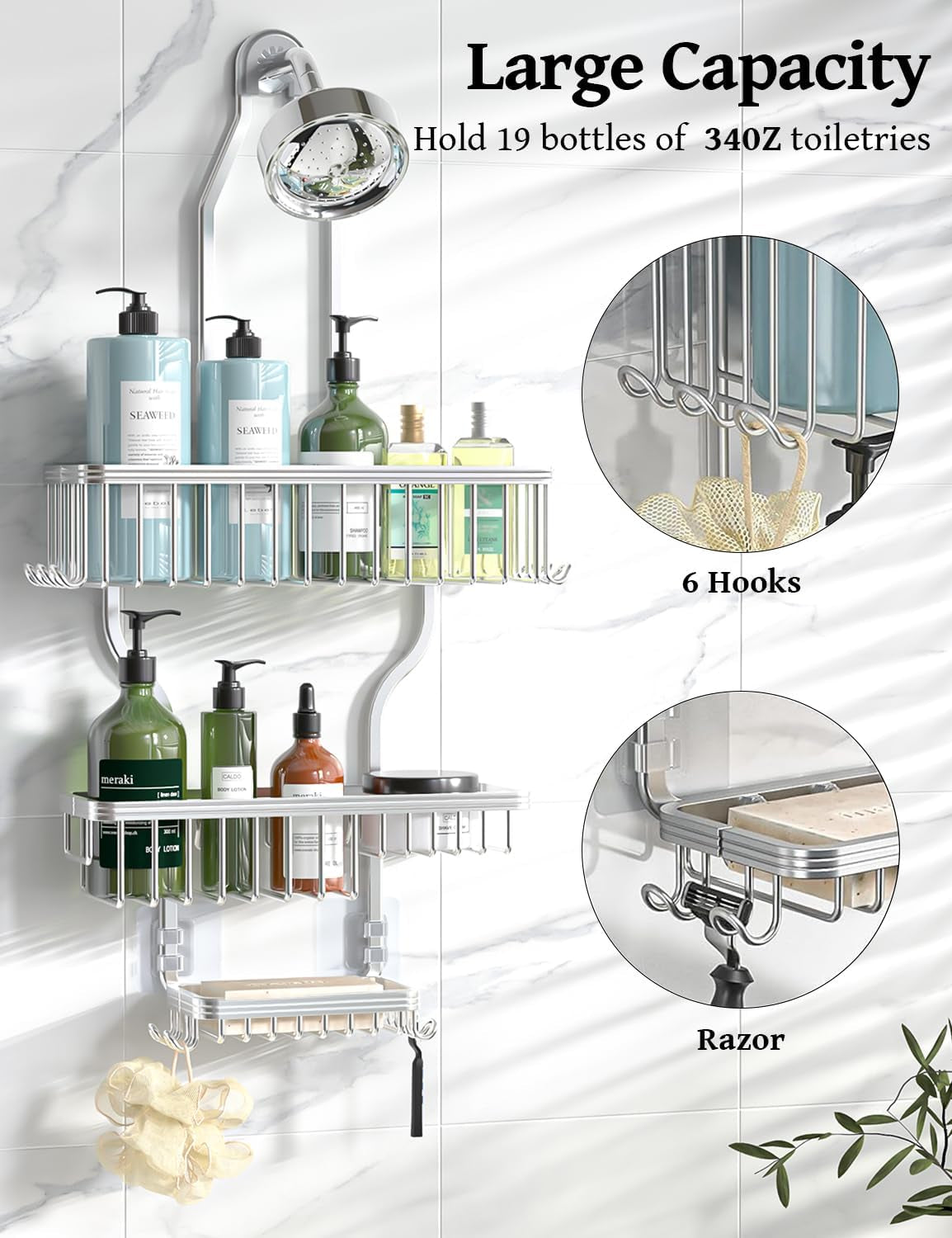 never-rust-shower-caddy-hanging-aluminum-shower-racks-for-inside-shower-3-tier-shower-organizer-hanging-over-shower-head-with-hooks-and-soap-holder-silver