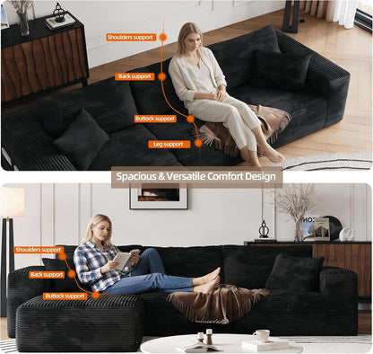 Boneless Sectional Couch Black L Shape Sofa Ottoman with Recliner Bed Memory Foam Modular Cloud No Bones in a Box Boundless Comfort for Living Room Compression Corduroy Fabric Deep Seat Easy Assembly6