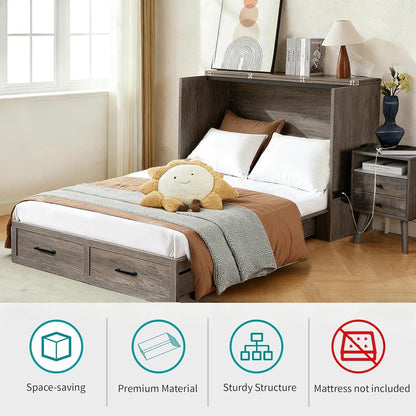 Murphy Bed, Full Farmhouse Cabinet with Charging & Storage, Rustic Grey5