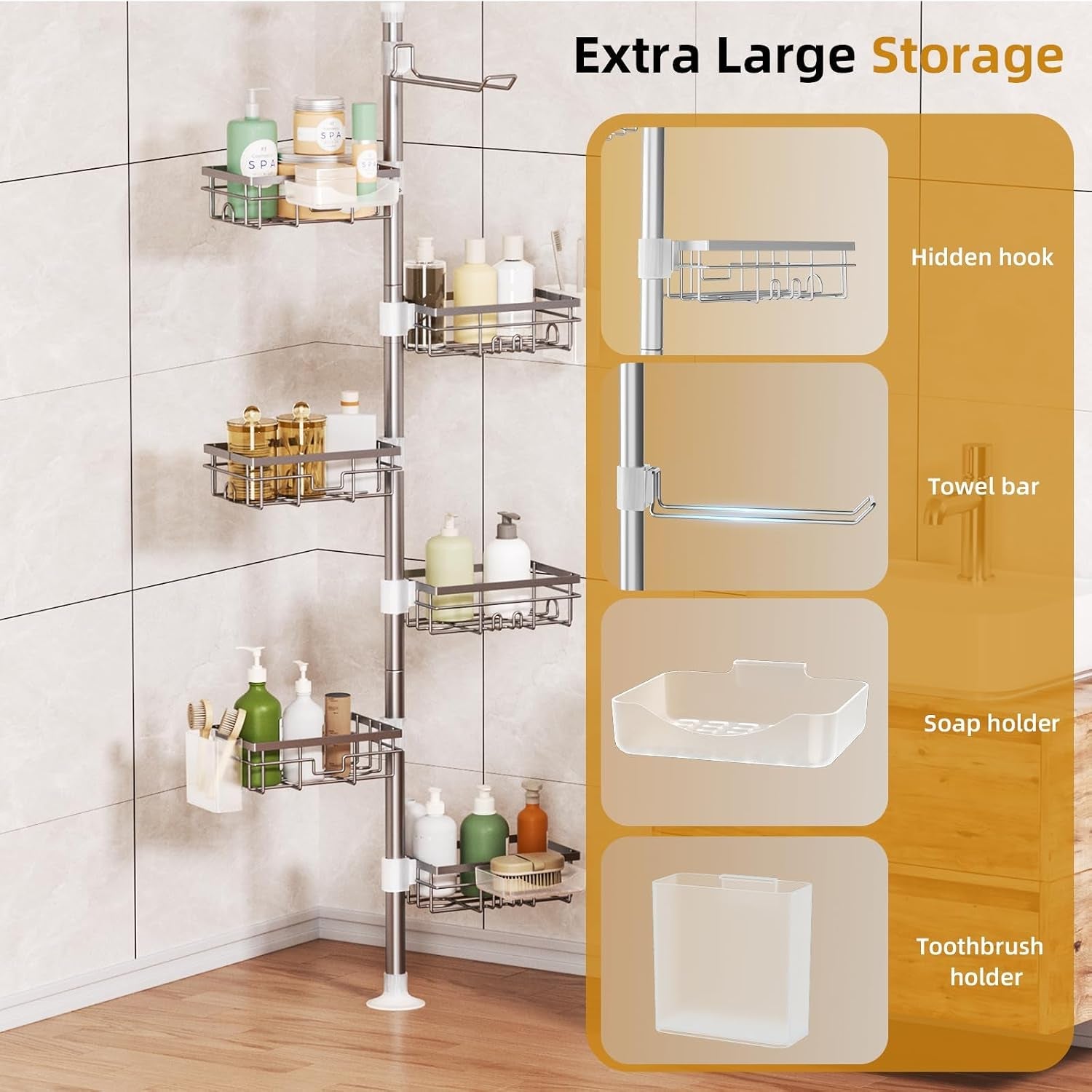 shower-caddy-organizer-tension-pole-rustproof-4-tier-corner-shower-rack-with-25-114-inch-adjustable-height-for-bathroom-storage-extra-towel-rack-soap-dish-and-toothbrush-holder-silver