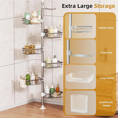 Shower Caddy Organizer Tension Pole, Rustproof 4 Tier Corner Shower Rack with 25–114 Inch Adjustable Height for Bathroom Storage, Extra Towel Rack, Soap Dish and Toothbrush Holder, Silver3
