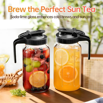 64 Oz Mason Jar Pitcher with Lid, Airtight & Leakproof Glass Pitcher | 2 Quart (1/2 Gallon) Mason Jar with Pour Spout, Easy-Grip Handle, Wide Mouth, Cold Brew and Breastmilk, Iced Tea, Sun Tea6