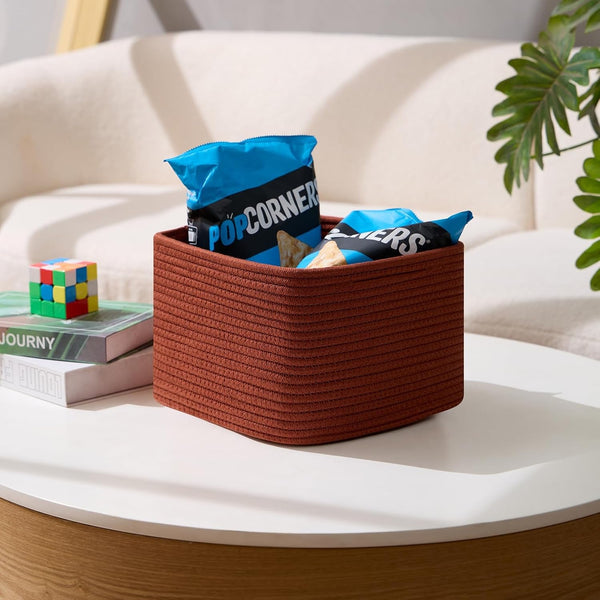 Small Organizing Baskets for Cubes Shelf, 9.7X9.7X7.1 Inch Rope Woven Storage Bins for Nursery Shelves Storage, Cute Toy Basket, Square 3 Packs Oxide Red5