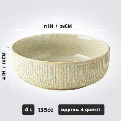 11-Inch Ceramic Serving Bowl, 135 Oz (Approx. 4 Quarts) Large Salad & Mixing Bowl with Striped Glaze Finish（Flambe Green）3