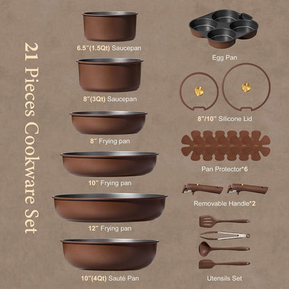 21Pcs Pots and Pans Set, Nonstick Cookware Set Detachable Handle, Induction Kitchen Cookware Sets Non Stick with Removable Handle, RV Cookware Set, Oven Safe, Brown2