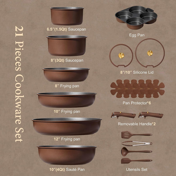 21Pcs Pots and Pans Set, Nonstick Cookware Set Detachable Handle, Induction Kitchen Cookware Sets Non Stick with Removable Handle, RV Cookware Set, Oven Safe, Brown2