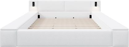 Bouclé Upholstered Platform Bed with Headboard, Hidden Storage,White8