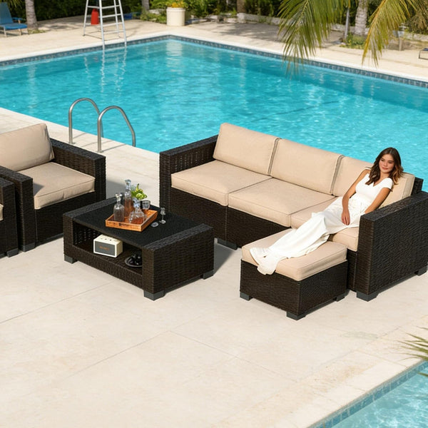 7 Piece Patio Furniture Set, Slanted Back Outdoor Sectional Sofa, Patio Conversation Sets with Cushion and Glass Table, Patio Sofa Furniture for Garden, Deck, Dark Brown Rattan & Khaki Cushions8
