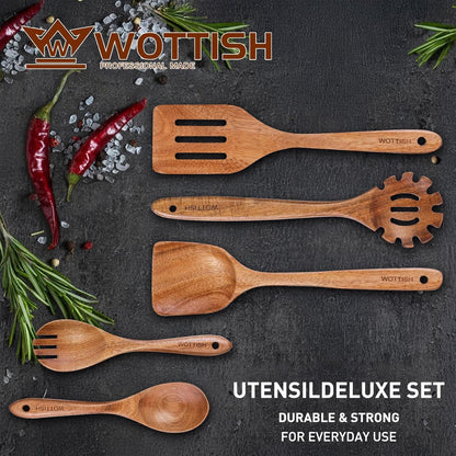 Wooden Spoons for Cooking, 5-Piece Acacia Wood Kitchen Utensil Set | for Nonstick Cookware, Salad Spoon, Spaghetti Spoon, Fork & Spatulas3