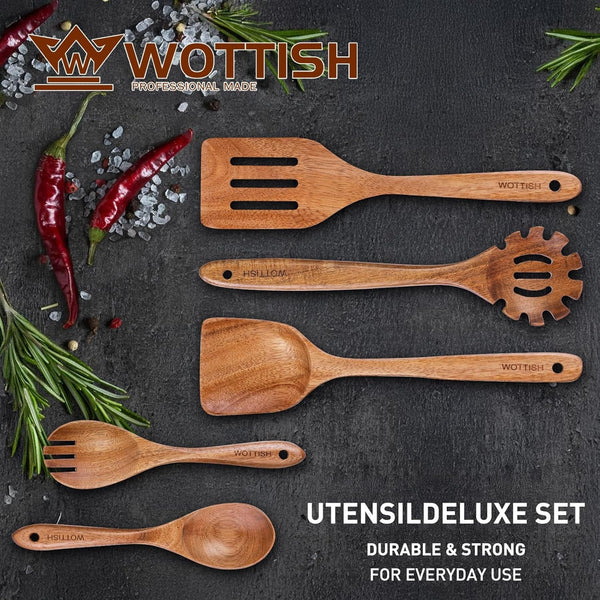 Wooden Spoons for Cooking, 5-Piece Acacia Wood Kitchen Utensil Set | for Nonstick Cookware, Salad Spoon, Spaghetti Spoon, Fork & Spatulas3