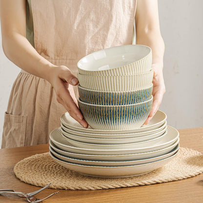 12-Piece Stoneware Dinnerware Set, Beige Reactive Glaze for 44