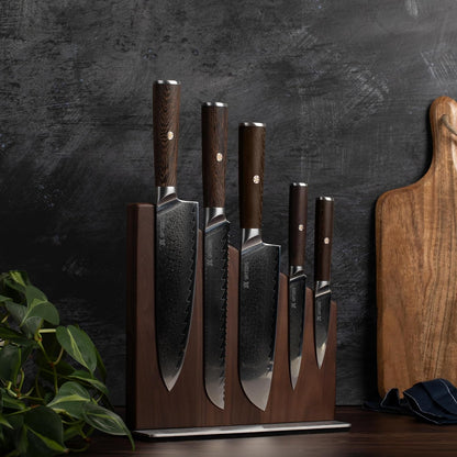 Magnetic Kitchen Knife Block Set - Japanese 67 Layer High-Grade VG-10 Steel Knives, Sharp, G10 Handle Professional Kitchen Knife Set - Damascus (6 Pieces), Brown Pakkawood Handles3