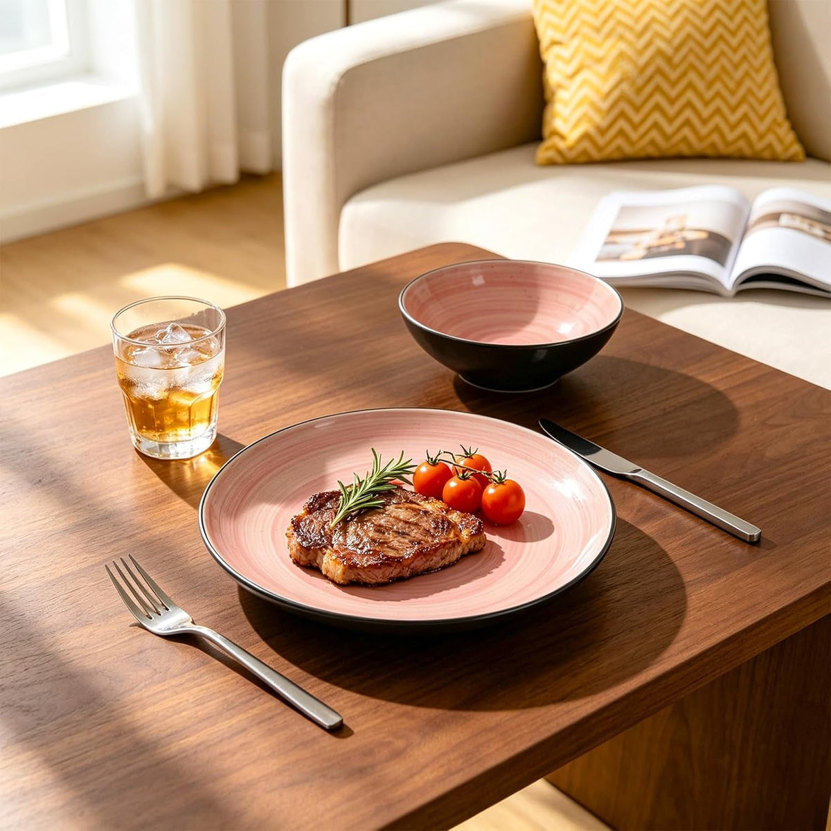stoneware-dinnerware-set-sonoma-12-piece-service-for-4-black-speckled-pink-spinwash-plates-and-bowls-microwave-dishwasher-safe-pink