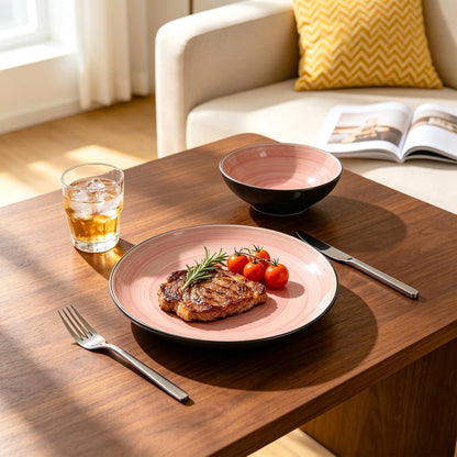 Stoneware Dinnerware Set, Sonoma 12 Piece Service for 4, Black & Speckled Pink Spinwash Plates and Bowls, Microwave & Dishwasher Safe, Pink4
