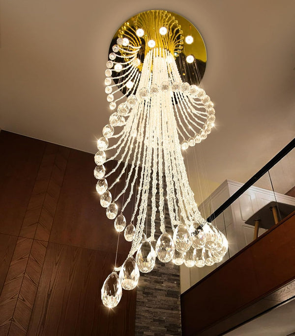 D32 X H100 Modern Crystal Chandelier for Foyer Glam Chandelier High Ceiling Chandeliers Large Raindrop Pendant Lights LED Dimmable Light Fixtures for Staircaes Living Room Entryway Gold5