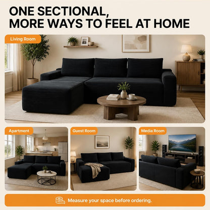Black 96.9 Inch Right Chaise Sectional Sofa, Boneless Corduroy Cloud Couch with Spring Coils & High-Resilience Foam, Deep Seat Oversized Compact Living Room Set, No Assembly, Stain-Resistant Fabric8