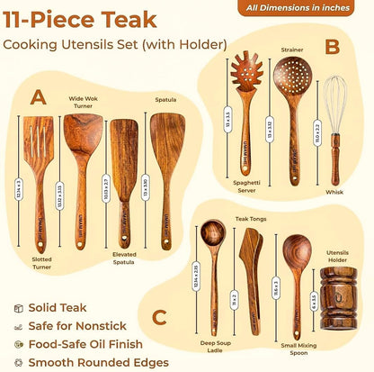 11-Piece Teak Wooden Utensil Set with Holder, Non-Toxic Natural Teak Cooking Utensils, Heat-Resistant Wooden Spatula, Wok Turner, Spaghetti Server, Soup Ladle, Whisk & Tongs3