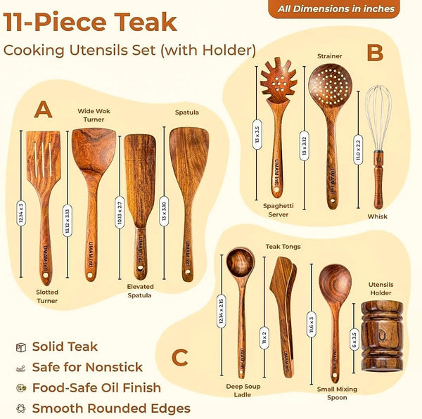 11-Piece Teak Wooden Utensil Set with Holder, Non-Toxic Natural Teak Cooking Utensils, Heat-Resistant Wooden Spatula, Wok Turner, Spaghetti Server, Soup Ladle, Whisk & Tongs3
