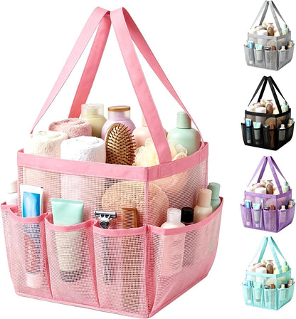 Mesh Shower Caddy Portable for College Dorm Room Essentials, Large Foldable Camp Travel Shower Bag with 9 Pockets, Quick Dry Bathroom Toiletry Tote Bag for Beach Swimming Gym Women Girl (Pink)1