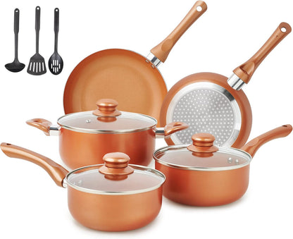 Pots and Pans Set Ultra Nonstick, Pre-Installed 11Pcs Cookware Set Copper with Ceramic Coating, Stay Cool Handle & Nylon Kitchen Utensils, Gas/Induction Compatible, 100% PFOA Free | Compact Nonstick Cooking Set, Induction Cookware Set, PFOA & PFAS Free, Non-Toxic Pots and Pans, Easy Food Release1