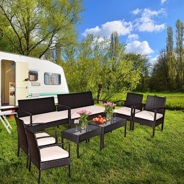 8 PCS Patio Rattan Conversation Furniture Set Cushioned Seat Glass Tabletop3