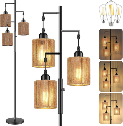 72" Boho Rattan Tree Floor Lamp, Tall Dimmable Industrial Standing Lamp, Corner Decor Accent Lighting for Living Room, Bedroom, Dining Room, Nursery, Cafe (3 X 800LM Bulbs Included) - Black1