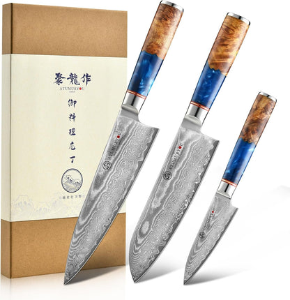 Japanese Chef Knife Set 3 Pcs, 67-Layer Damascus Kitchen Knife Set with VG10 Steel Core, Professional Sharp Damascus Knives with Ocean-Blue Ergonomic Handle, Include Elegant Cooking Gifts Box1