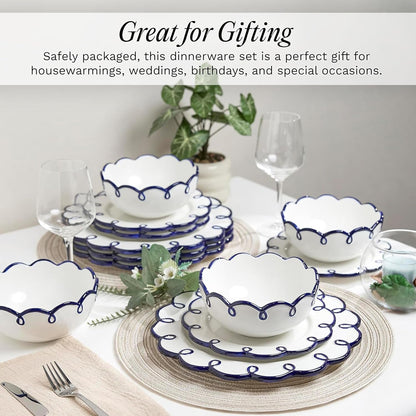 12-Piece Stoneware Dinnerware Set for 4, Glossy White Plates and Bowls Sets with Navy Scalloped Rims, Premium Dish Set, Dishes for Hosting Parties, Birthday & Wedding Gifts, Splash of Cheers6