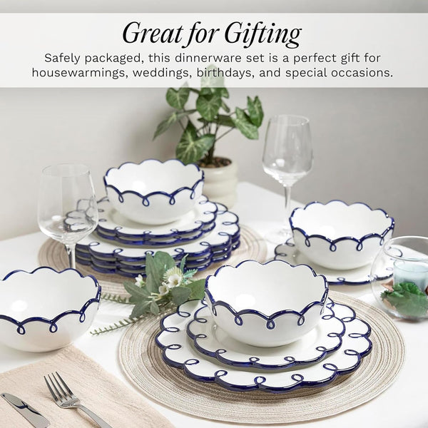 12-Piece Stoneware Dinnerware Set for 4, Glossy White Plates and Bowls Sets with Navy Scalloped Rims, Premium Dish Set, Dishes for Hosting Parties, Birthday & Wedding Gifts, Splash of Cheers6
