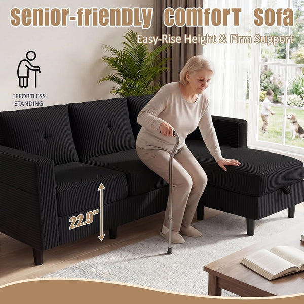 77" L-Shaped Corduroy Sectional Sofa with Storage Ottoman, Black5