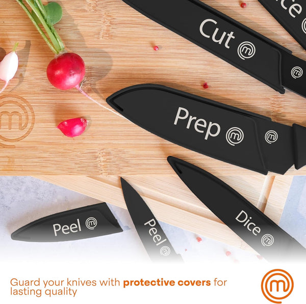 Masterchef Kitchen Knife Set with Covers, 6 Professional Chef Knives for Home Kitchens, Extra Sharp Cutting Stainless Steel Blades & Protective Sheaths, Soft-Touch Easy-Grip Handles, Essential Black6