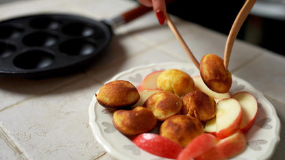 7-Hole Cast Iron Aebleskiver Pan Detachable Wooden Handle, Pre-Seasoned, Aebleskiver Sticks and Recipe Book Included8