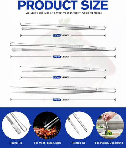 4 Pcs Fine Long Tweezer Tongs Professional Silver, 12'' and 10'' Stainless Steel for Kitchen, Food, Cooking, Repairing, Sea Food and BBQ4