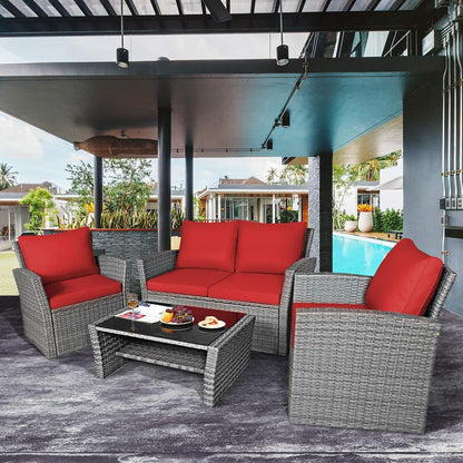 4 Pieces Patio Rattan Furniture Set, Outdoor Wicker Sofa Set with Tempered Glass Coffee Table, Cushions, All Weather Rattan Conversation Set for Yard Balcony Backyard Pool (Red)3