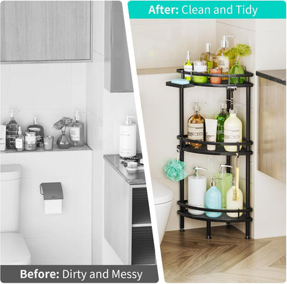 Standing Corner Shower Caddy - 3 Tier Shower Organizer Corner with Soap Holder and 4 Hooks, Rustproof Bathroom Storage Shelves with Adhesives, Black7