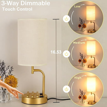 Touch Control USB Table Lamp with USB C/A & AC Outlet, 3-Way Dimmable Bedside Lamp, Modern Nightstand Lamps for Bedroom Living Room Guest Room Office, Bulb Included, Gold2