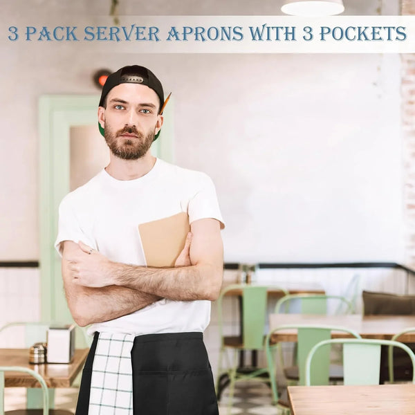 3 Pack Server Apron, Short Waitress Apron with Pockets for Servers, Waiters | Mandiles Para Mujer Para Trabajo with 3 Pockets, Polyester, Wear-Resistant & Stain-Proof for Restaurants, Kitchens, Cafes6
